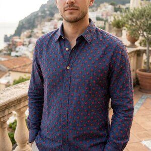 Sonrisa Italy Men's XL Embroidered Fil Coupe Linen Cotton Shirt Polka Dot